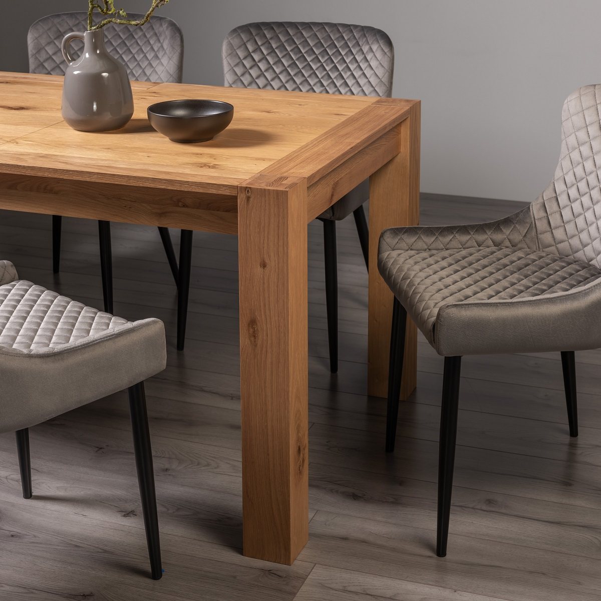 Blake - Light Oak 8-10 Seater Extendable Dining Table & 8 Grey Velvet Cezanne Dining Chairs