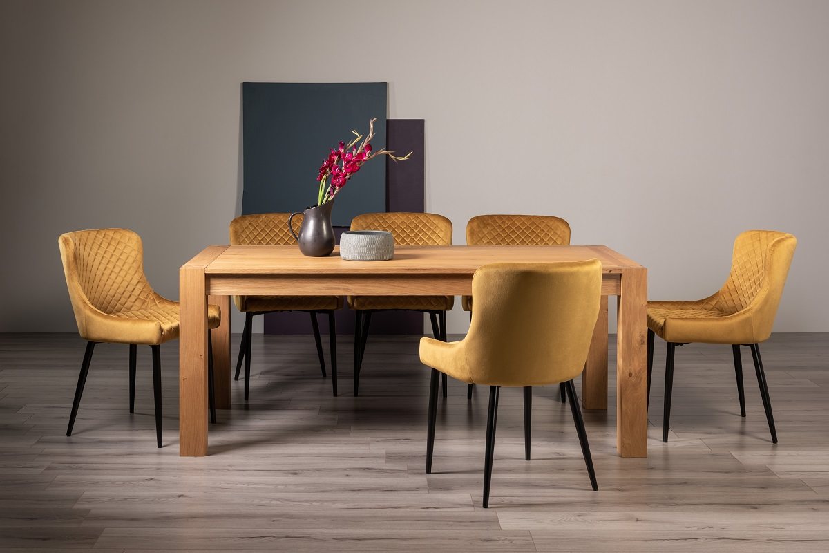 Blake Light Oak 8-10 Dining Table & 8 Cezanne Chairs in Mustard Velvet Fabric with Black Legs