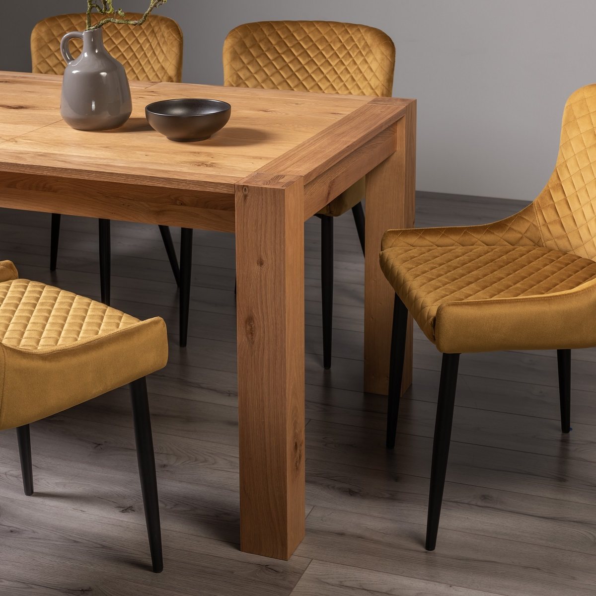 Blake - Light Oak 8-10 Seater Extendable Dining Table & 8 Mustard Velvet Cezanne Dining Chairs