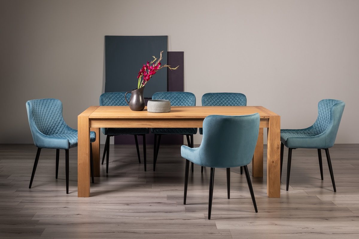 Blake Light Oak 8-10 Dining Table & 8 Cezanne Chairs in Petrol Blue Fabric Fabric with Black Legs