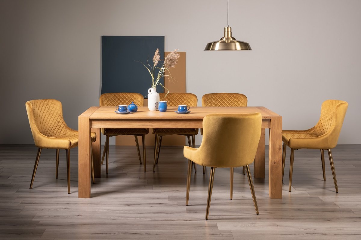 Blake Light Oak 8-10 Dining Table & 8 Cezanne Chairs in Mustard Velvet Fabric with Gold Legs