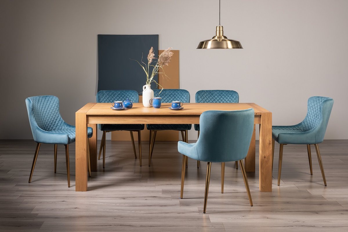 Blake Light Oak 8-10 Dining Table & 8 Cezanne Chairs in Petrol Blue Velvet Fabric with Gold Legs
