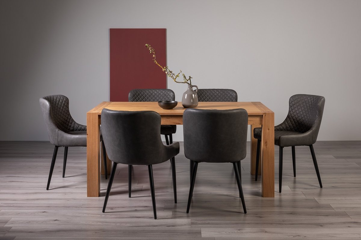 Blake Light Oak 6 Seater Dining Table & 6 Cezanne Chairs in Dark Grey Faux Leather with Black Legs