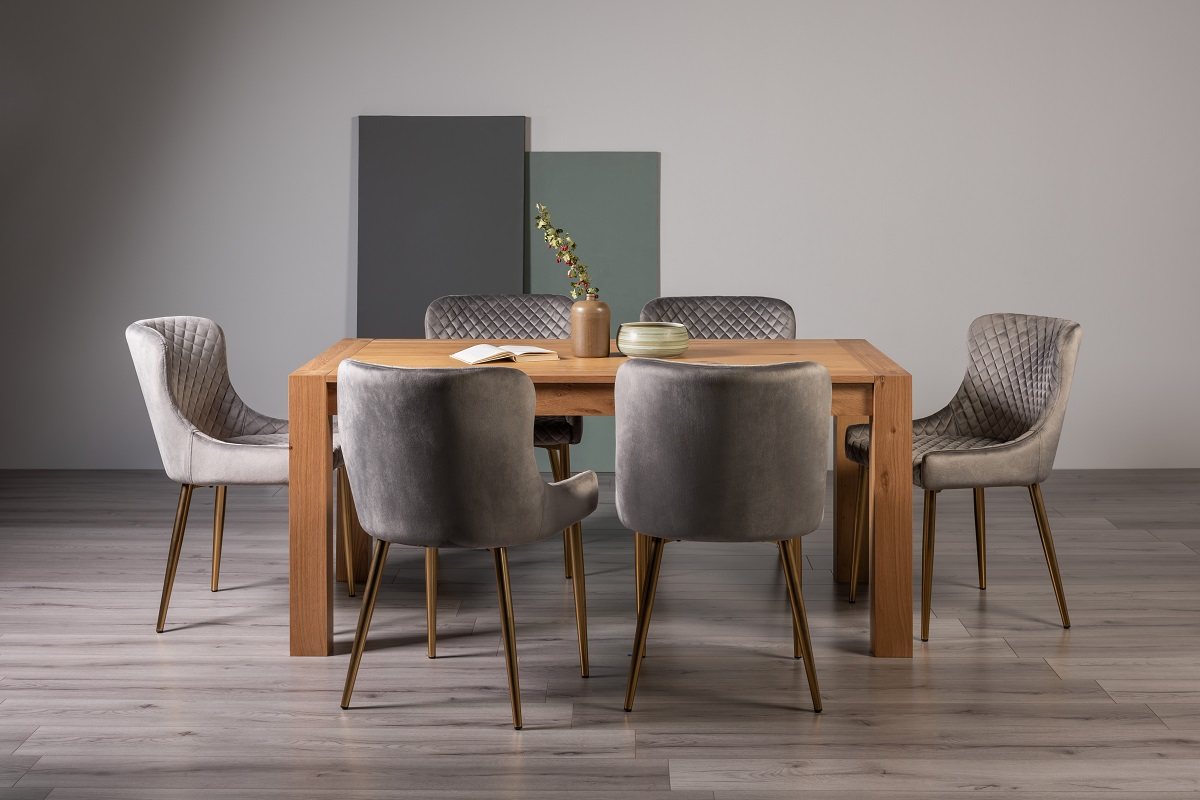Blake Light Oak 6 Seater Dining Table & 6 Cezanne Chairs in Grey Velvet Fabric with Gold Legs