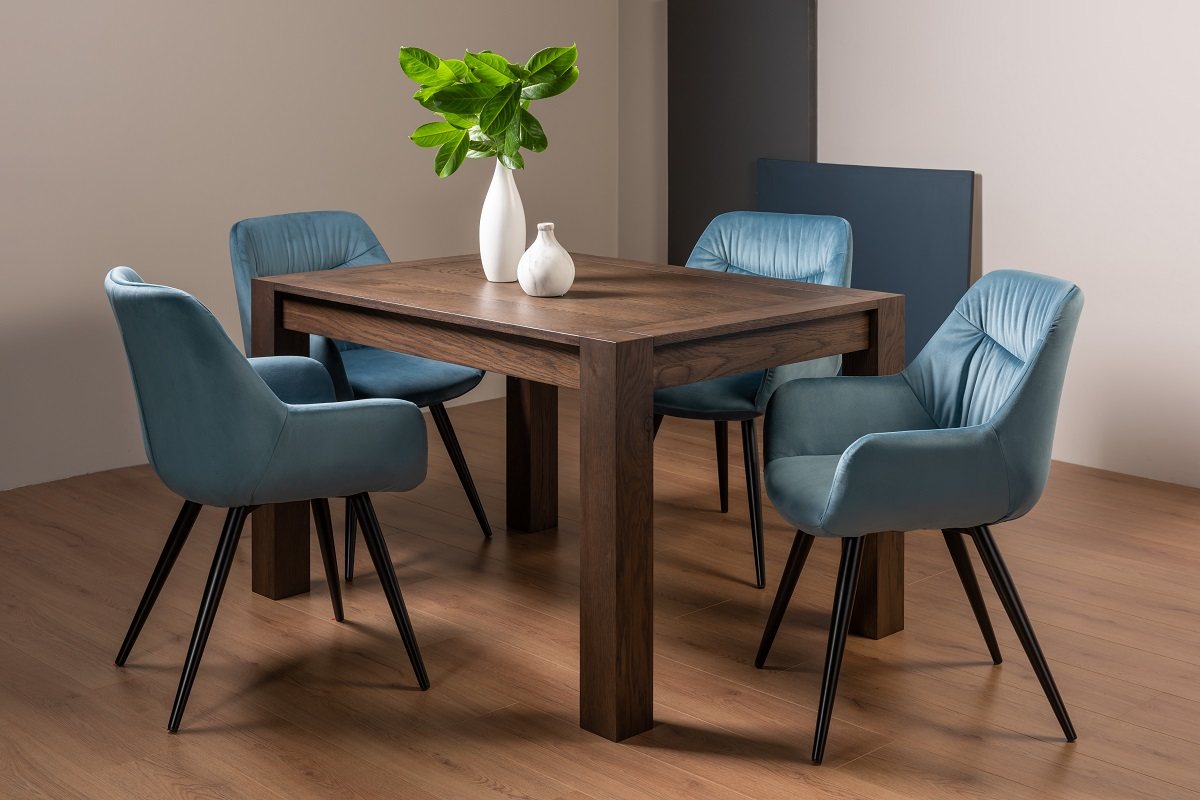 Blake Dark Oak 4-6 Dining Table & 4 Dali Petrol Blue Velvet Fabric Chairs with Black Legs