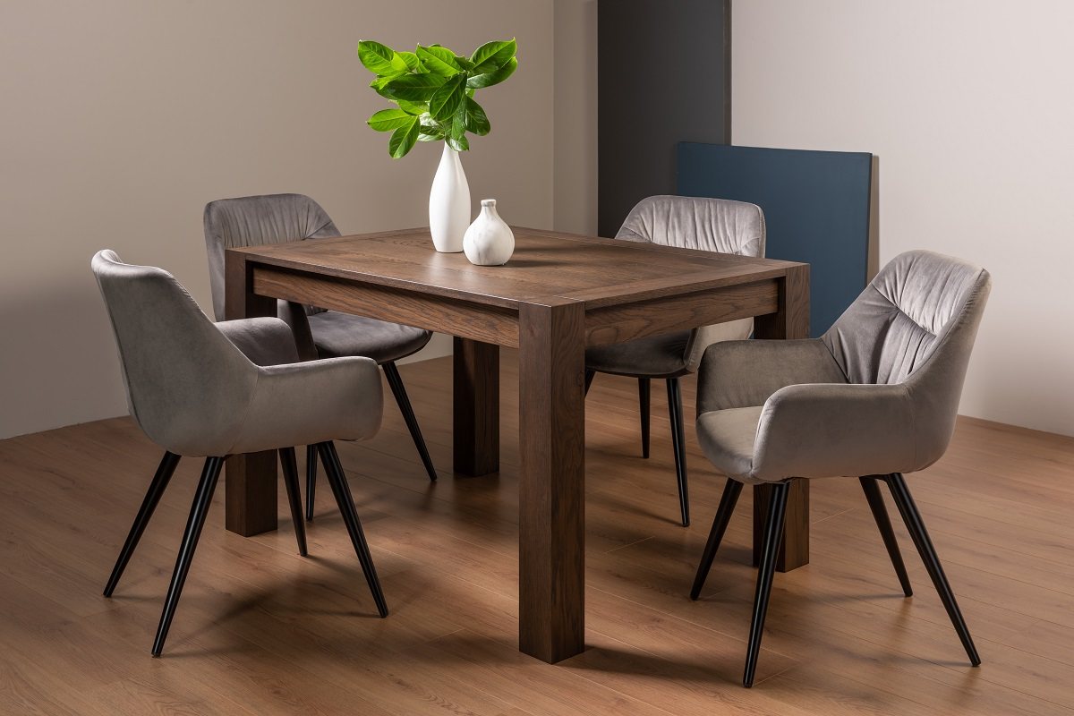 Blake Dark Oak 4-6 Dining Table & 4 Dali Grey Velvet Fabric Chairs with Black Legs