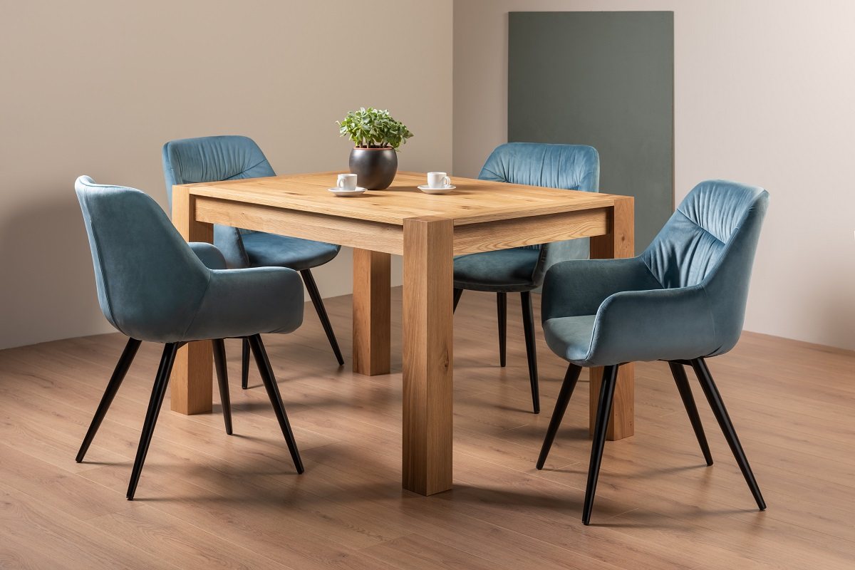 Blake Light Oak 4-6 Dining Table & 4 Dali Petrol Blue Velvet Fabric Chairs