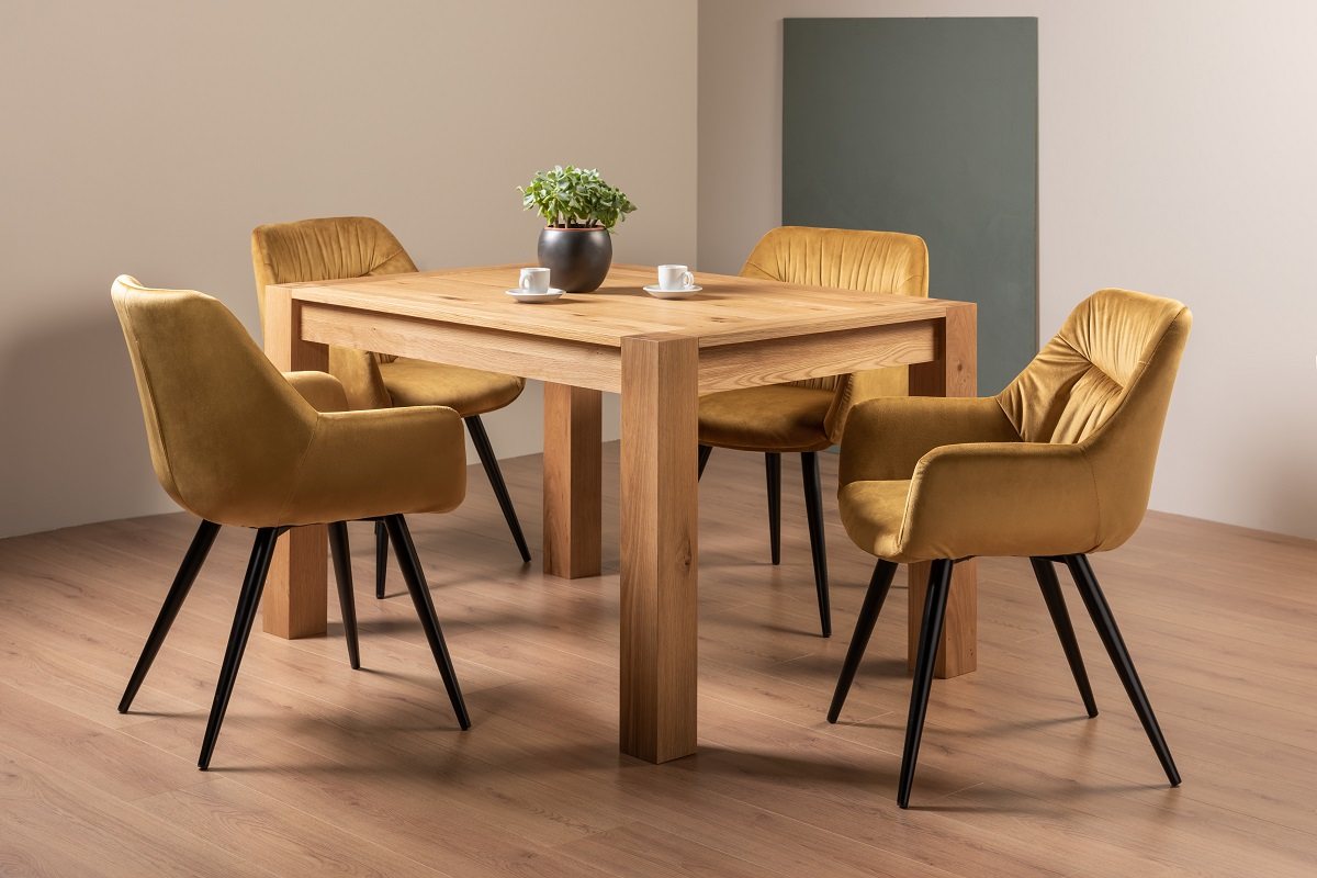 Blake Light Oak 4-6 Dining Table & 4 Dali Mustard Velvet Fabric Chairs