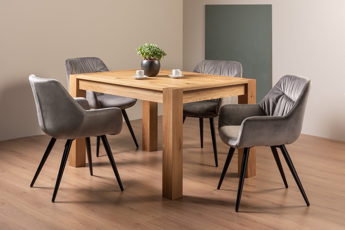 Blake Light Oak 4-6 Dining Table & 4 Dali Grey Velvet Fabric Chairs