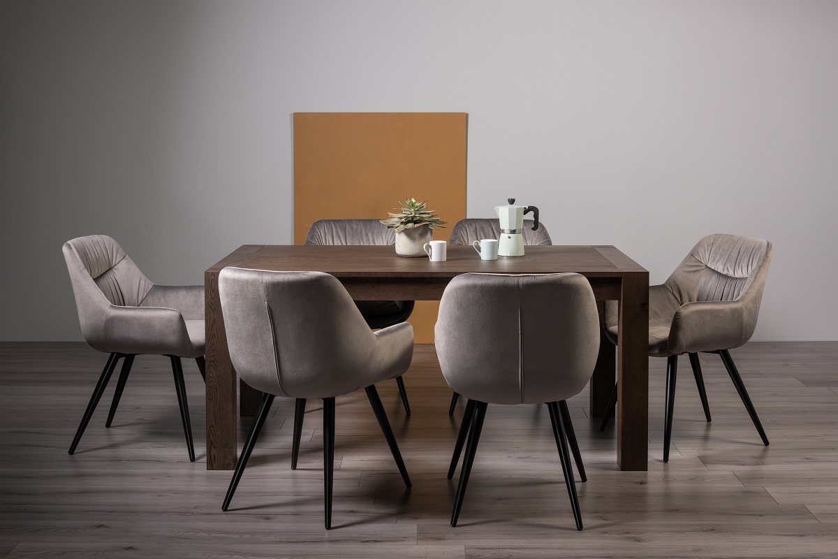 Blake Dark Oak 6-8 Dining Table & 6 Dali Grey Velvet Fabric Chairs