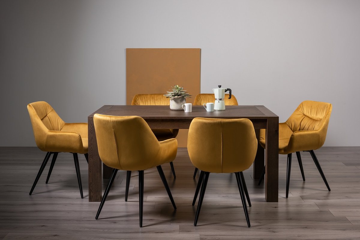 Blake Dark Oak 6-8 Dining Table & 6 Dali Mustard Velvet Fabric Chairs