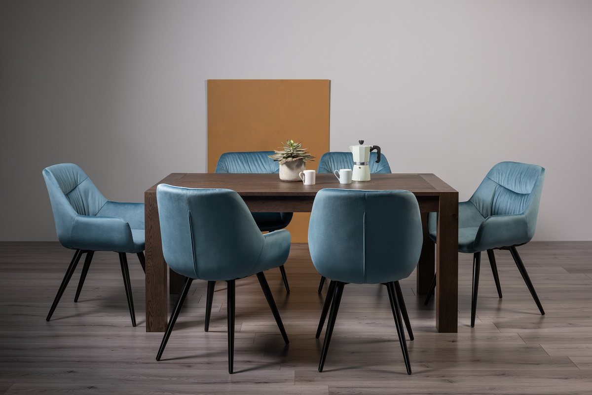 Blake Dark Oak 6-8 Dining Table & 6 Dali Petrol Blue Velvet Fabric Chairs