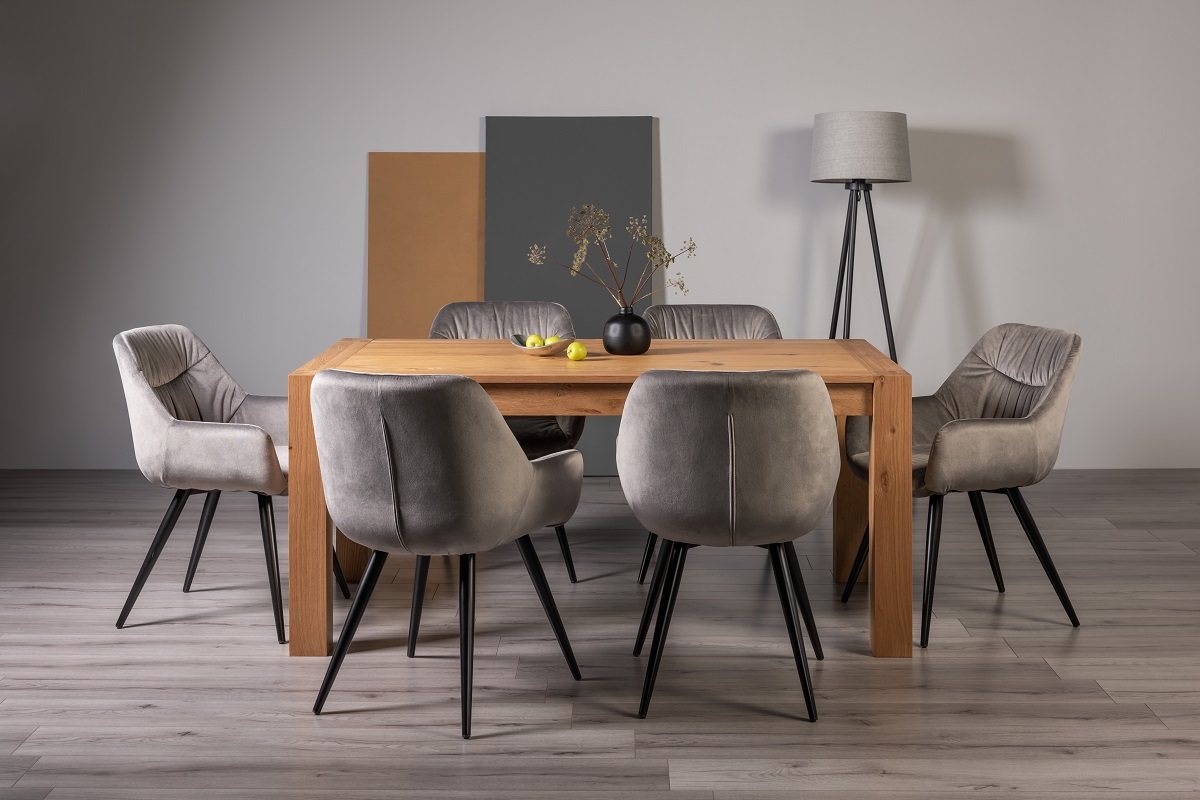 Blake Light Oak 6-8 Dining Table & 6 Dali Grey Velvet Fabric Chairs