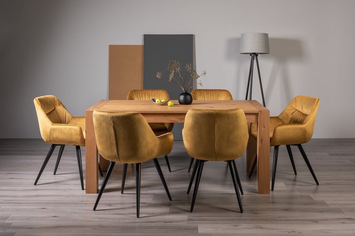 Blake Light Oak 6-8 Dining Table & 6 Dali Mustard Velvet Fabric Chairs