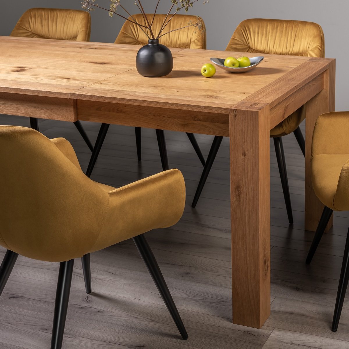 Blake - Light Oak 6-8 Seater Extendable Dining Table & 6 Mustard Velvet Dali Dining Chairs