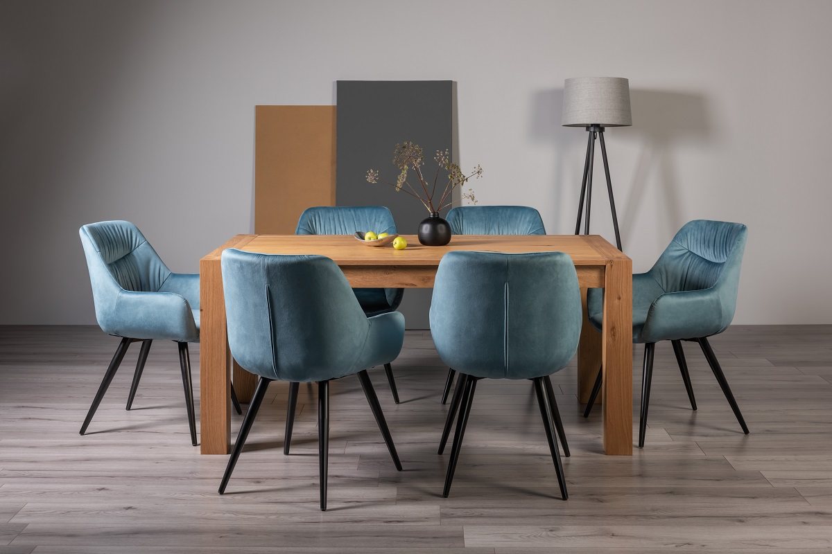 Blake Light Oak 6-8 Dining Table & 6 Dali Petrol Blue Velvet Fabric Chairs