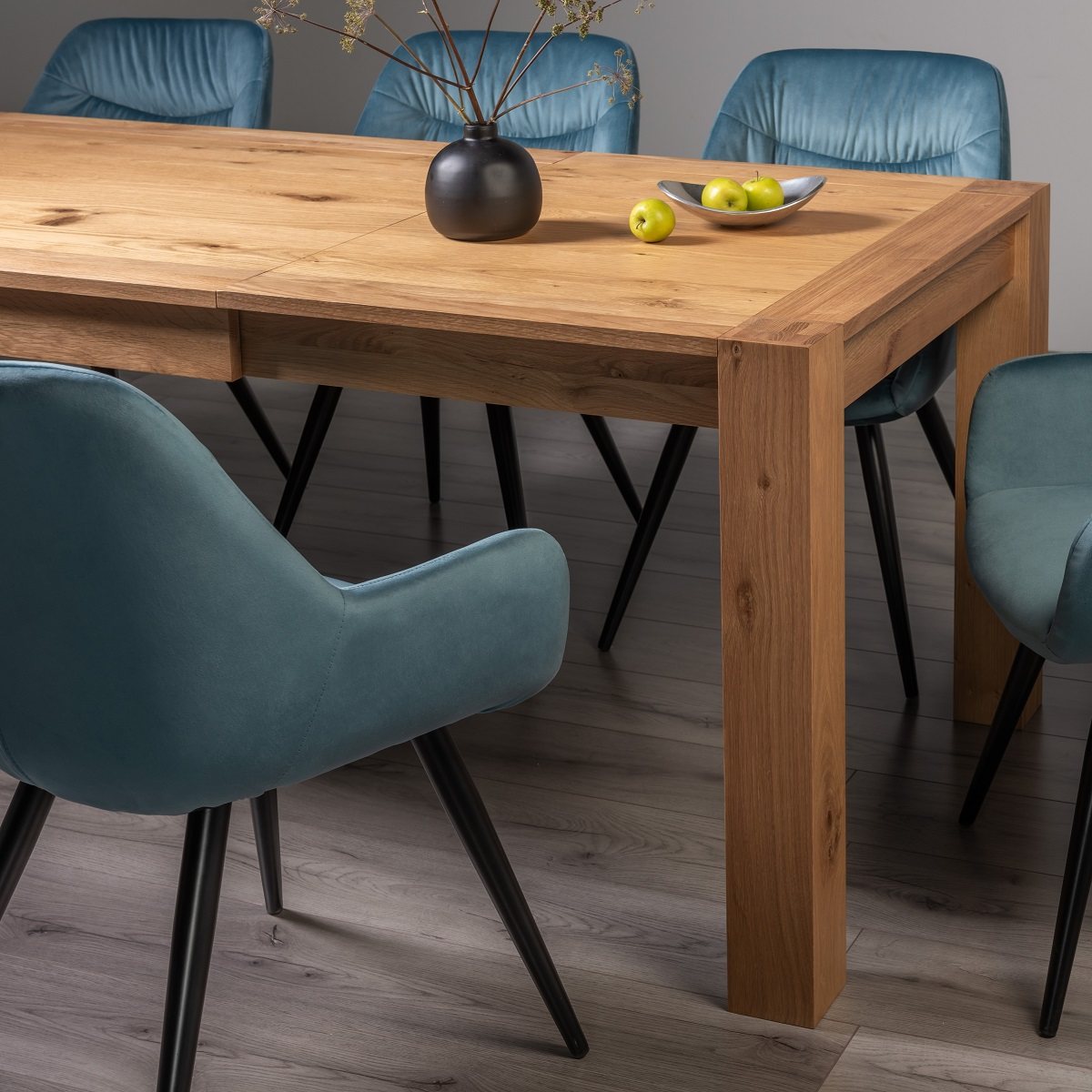 Blake - Light Oak 6-8 Seater Extendable Dining Table & 6 Blue Velvet Dali Dining Chairs