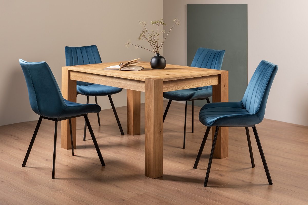 Blake Light Oak 4-6 Dining Table & 4 Fontana Blue Velvet Fabric Chairs