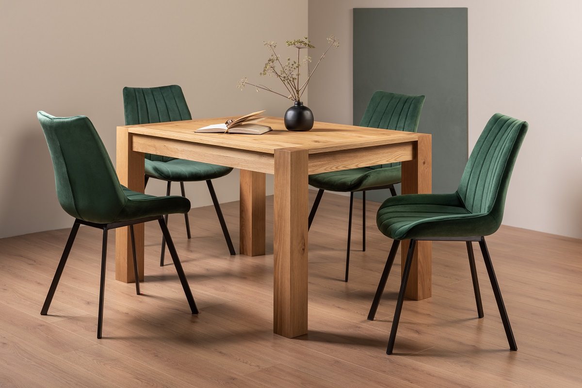 Blake Light Oak 4-6 Dining Table & 4 Fontana Green Velvet Fabric Chairs