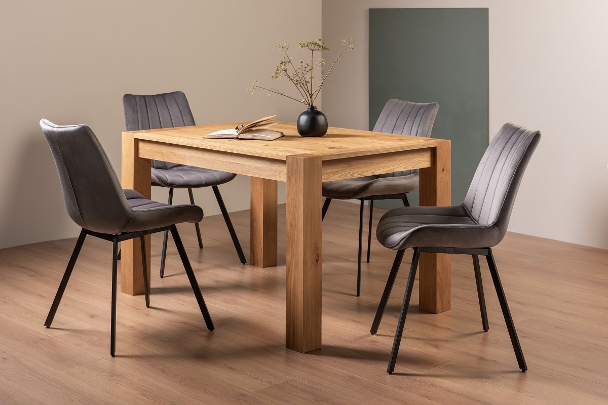 Blake Light Oak 4-6 Dining Table & 4 Fontana Grey Velvet Fabric Chairs