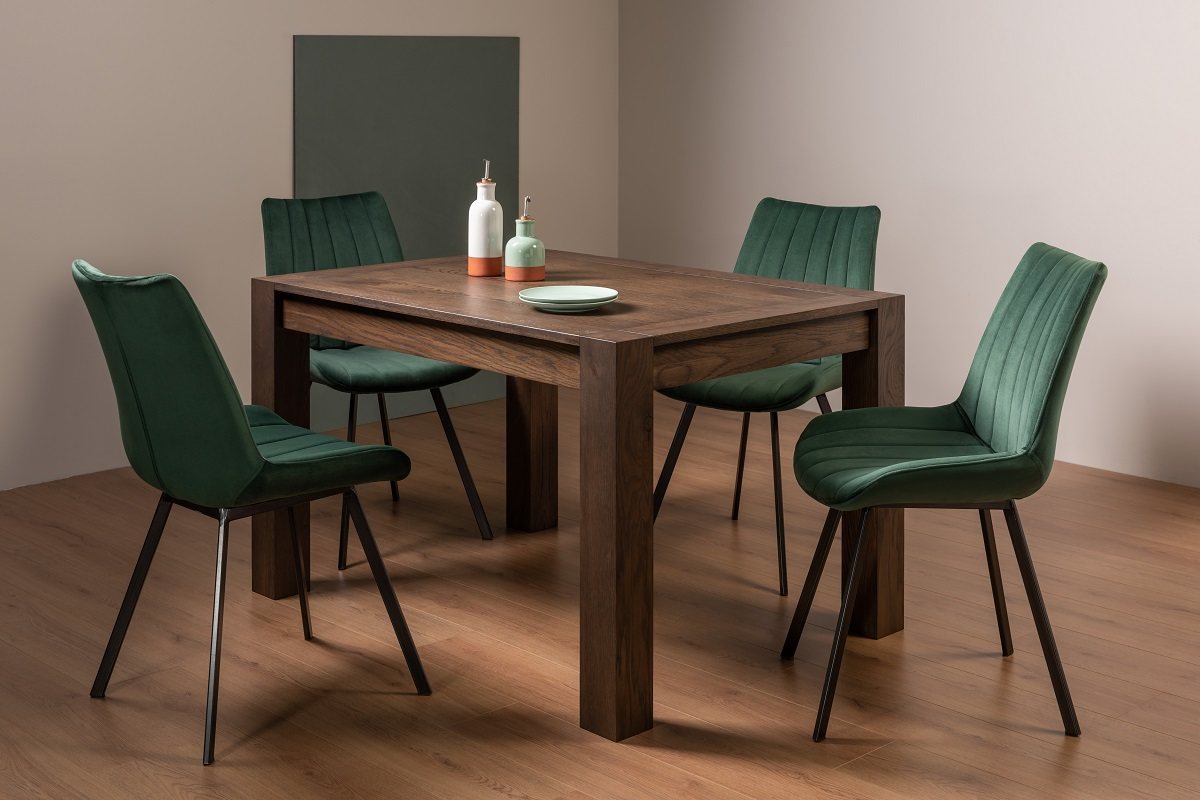 Blake Dark Oak 4-6 Dining Table & 4 Fontana Chairs in Green Velvet Fabric