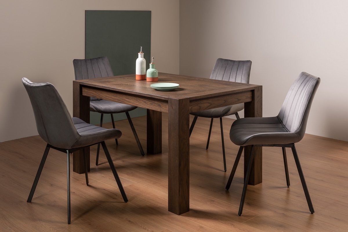 Blake Dark Oak 4-6 Dining Table & 4 Fontana Chairs in Grey Velvet Fabric