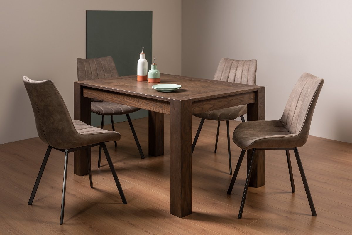 Blake Dark Oak 4-6 Dining Table & 4 Fontana Chairs in Tan Faux Suede