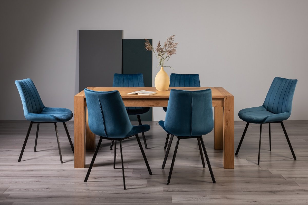 Blake Light Oak 6-8 Dining Table & 6 Fontana Blue Velvet Fabric Chairs