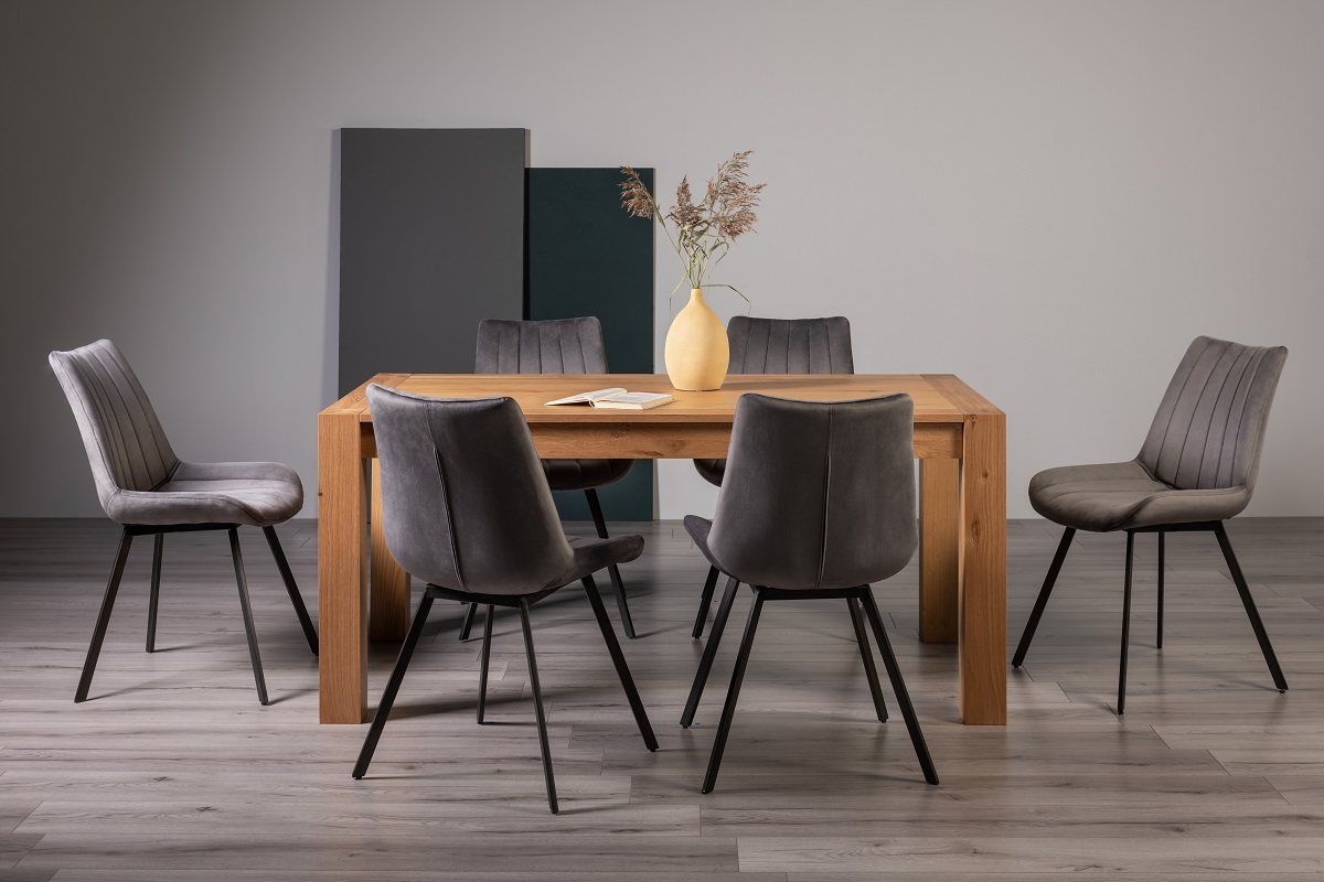 Blake Light Oak 6-8 Dining Table & 6 Fontana Grey Velvet Fabric Chairs