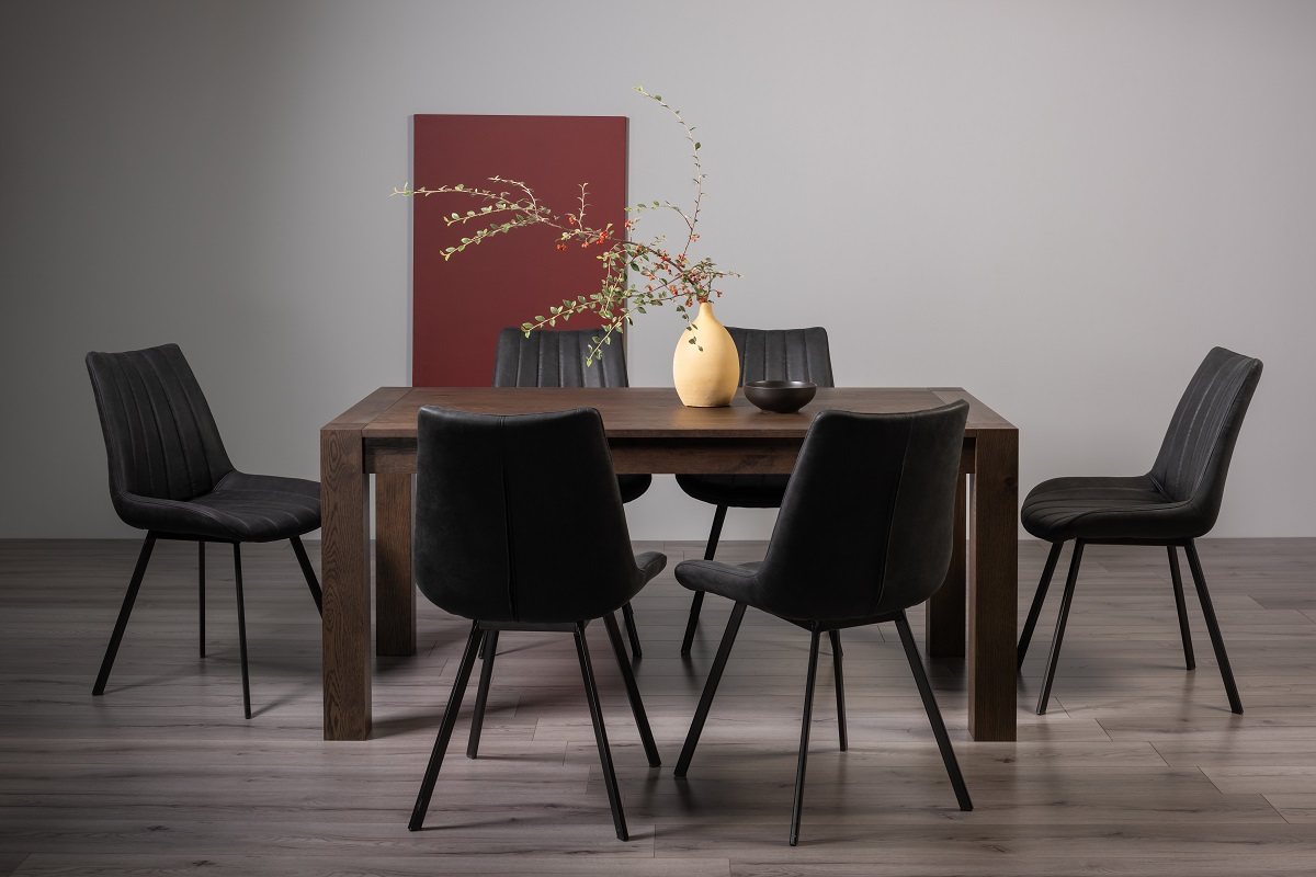 Blake Dark Oak 6-8 Dining Table & 6 Fontana Dark Grey Faux Suede Chairs