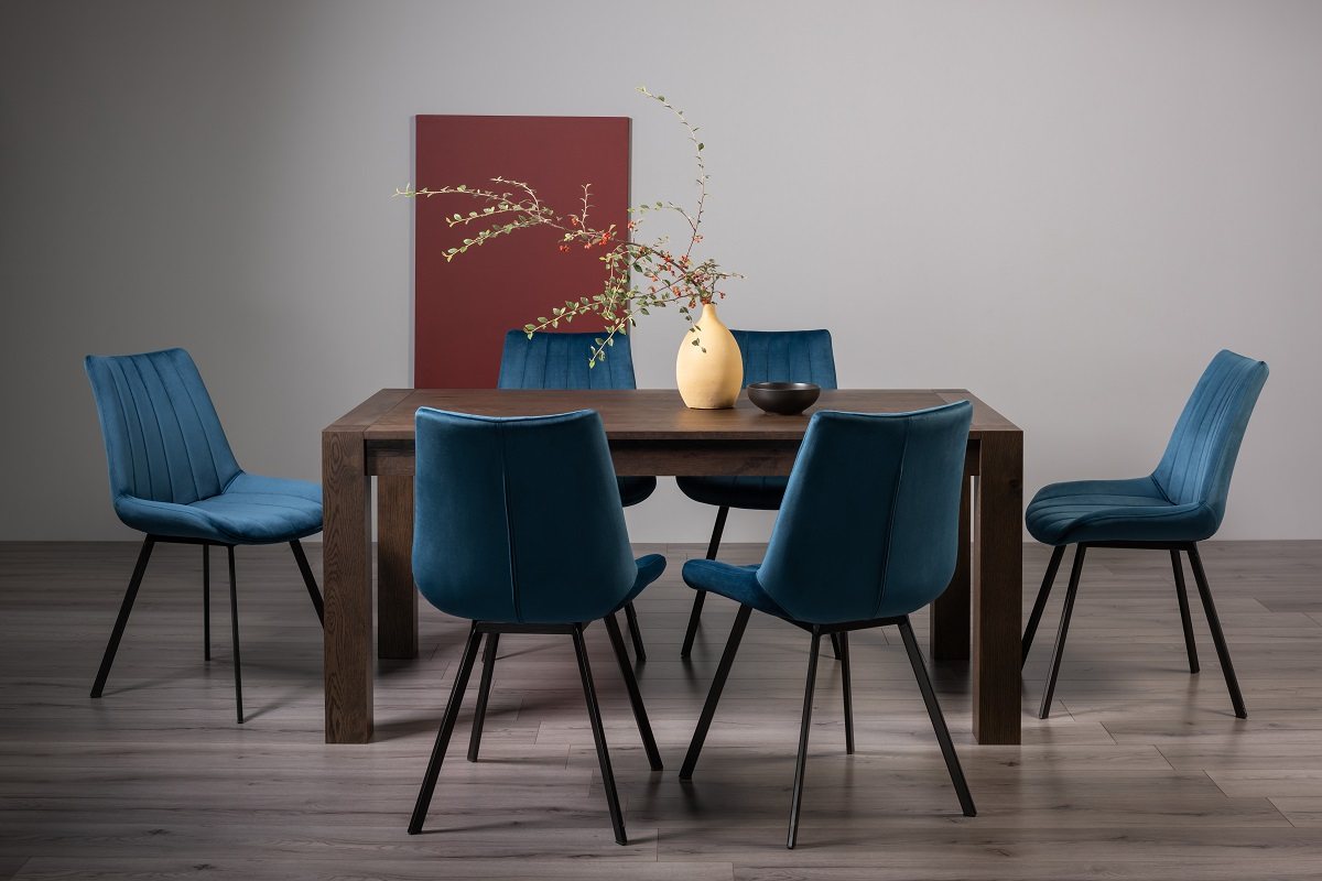 Blake Dark Oak 6-8 Dining Table & 6 Fontana Blue Velvet Fabric Chairs