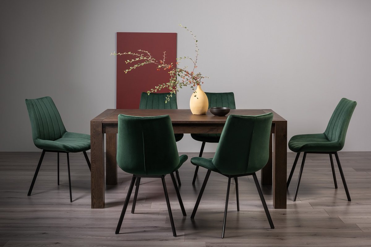 Blake Dark Oak 6-8 Dining Table & 6 Fontana Green Velvet Fabric Chairs