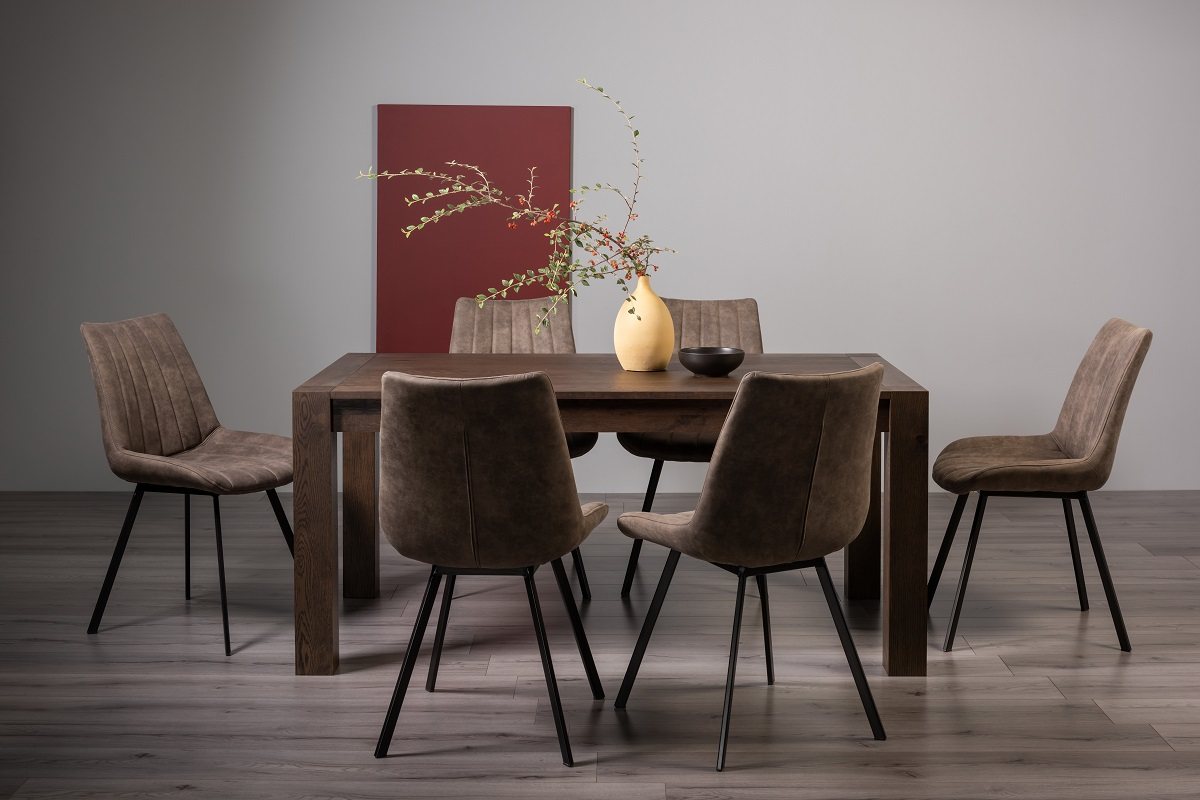 Blake Dark Oak 6-8 Dining Table & 6 Fontana Tan Faux Suede Chairs