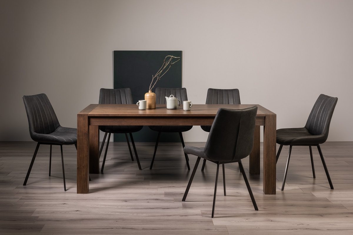 Blake Dark Oak 8-10 Dining Table & 8 Fontana Dark Grey Faux Suede Chairs