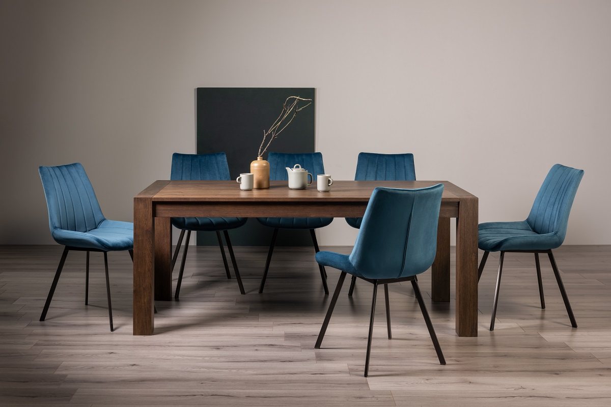 Blake Dark Oak 8-10 Dining Table & 8 Fontana Blue Velvet Fabric Chairs