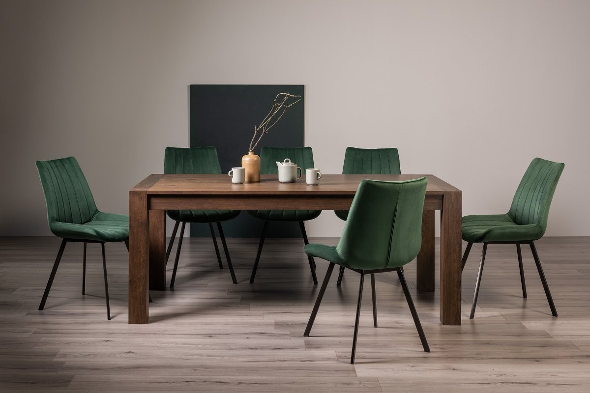 Blake Dark Oak 8-10 Dining Table & 8 Fontana Green Velvet Fabric Chairs