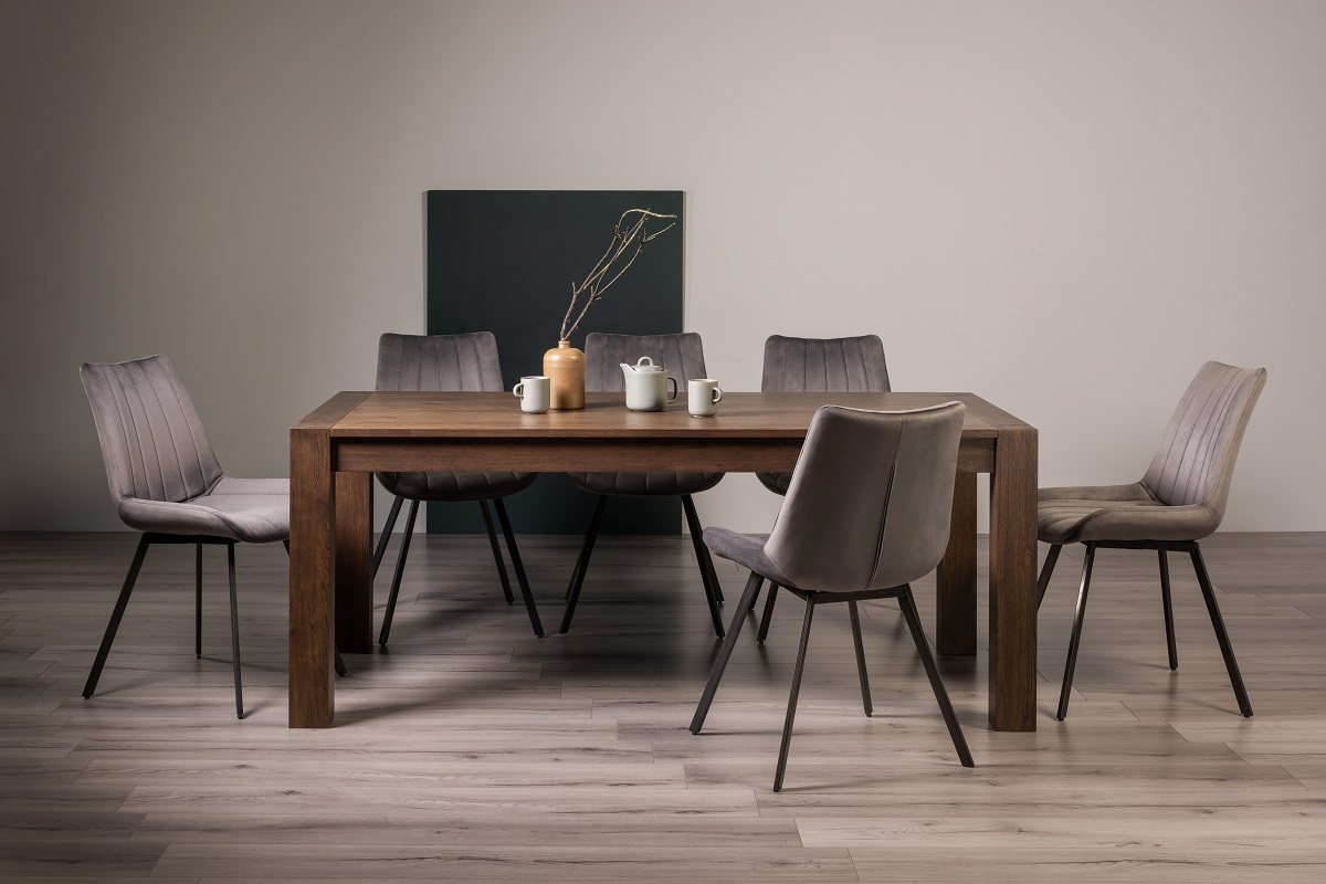 Blake Dark Oak 8-10 Dining Table & 8 Fontana Grey Velvet Fabric Chairs