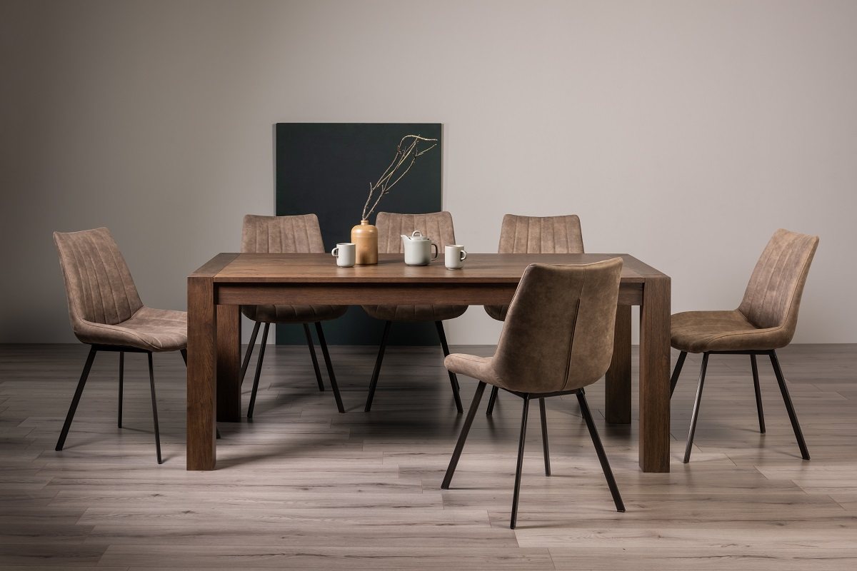 Blake Dark Oak 8-10 Dining Table & 8 Fontana Tan Faux Suede Chairs