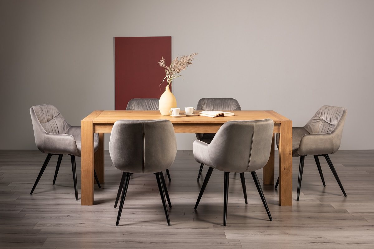 Blake Light Oak Large 6-8 Dining Table & 6 Dali Grey Velvet Fabric Chairs