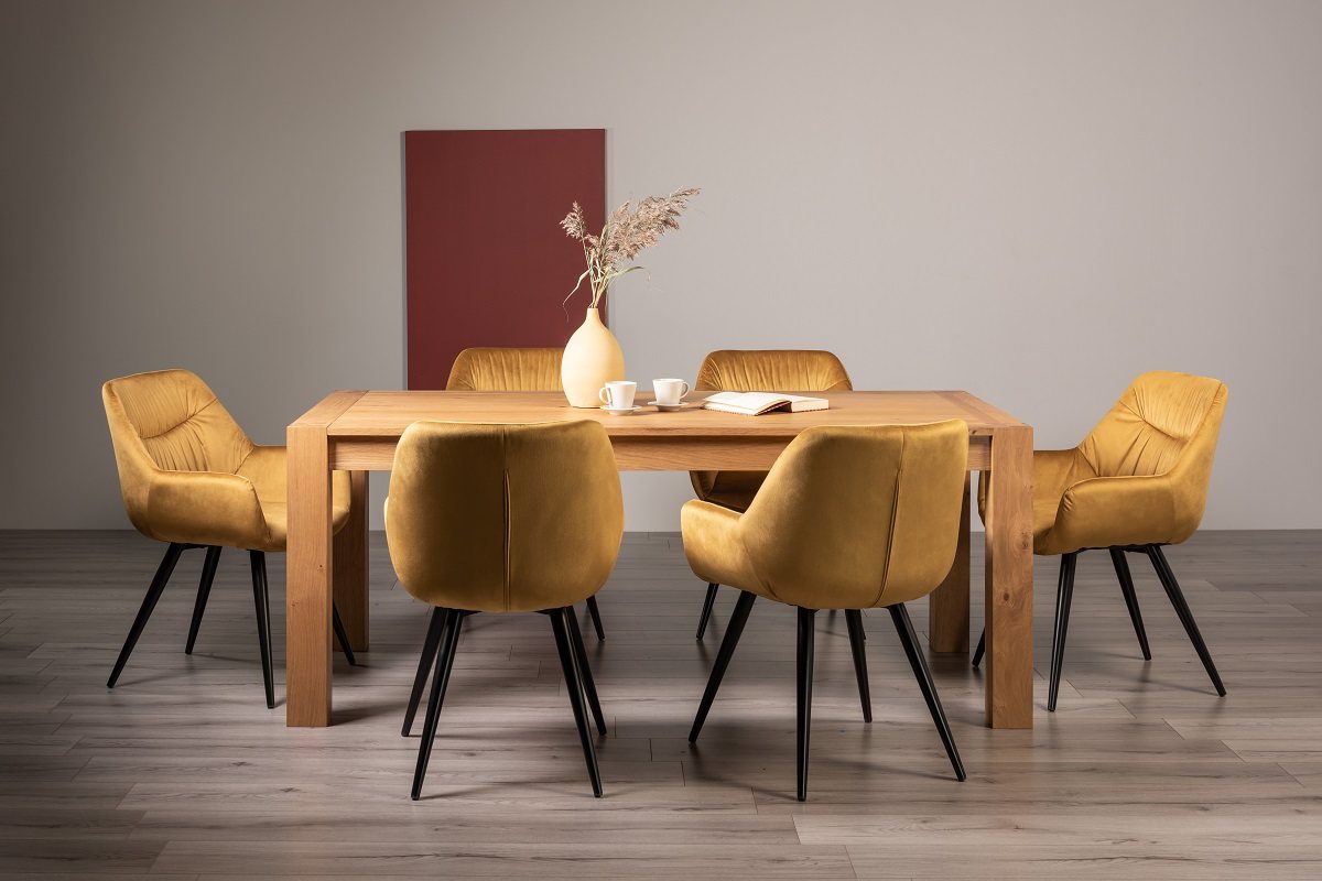 Blake Light Oak Large 6-8 Dining Table & 6 Dali Mustard Velvet Fabric Chairs