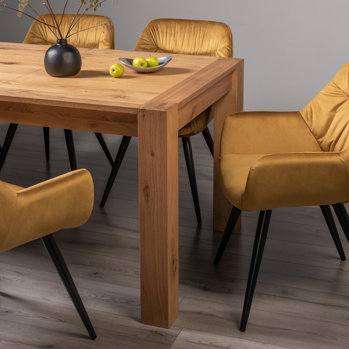 Blake - Light Oak 6-8 Seater Extendable Dining Table & 6 Mustard Velvet Dali Dining Chairs