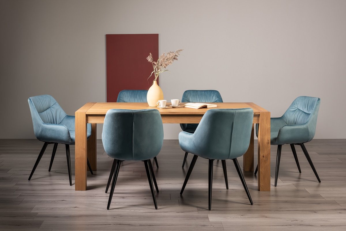Blake Light Oak Large 6-8 Dining Table & 6 Dali Petrol Blue Velvet Fabric Chairs