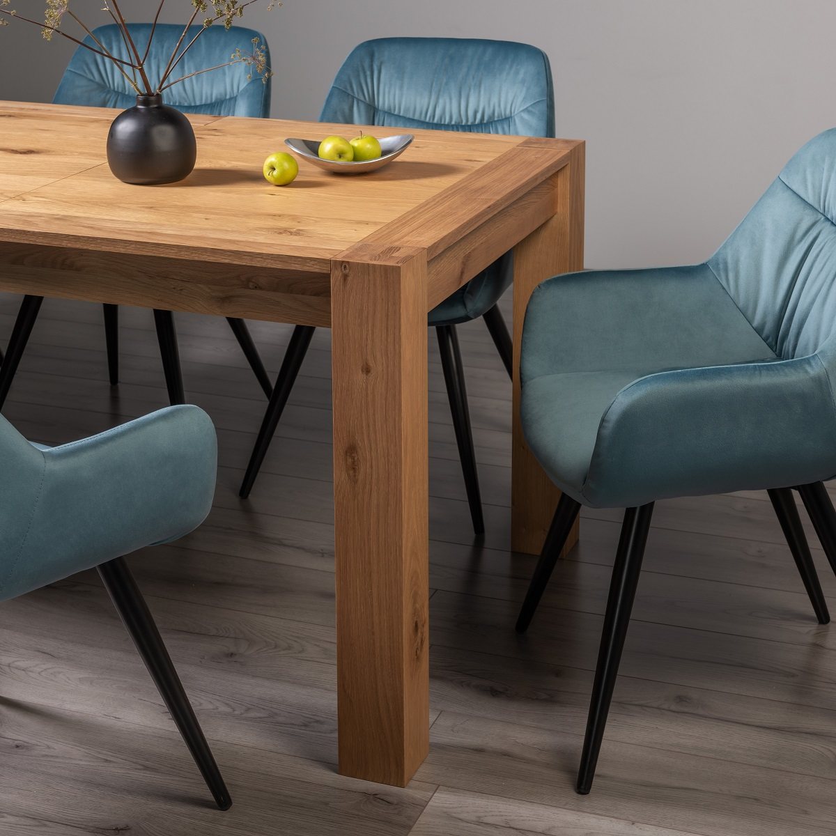 Blake - Light Oak Large 6-8 Seater Extendable Dining Table & 6 Blue Velvet Dali Dining Chairs