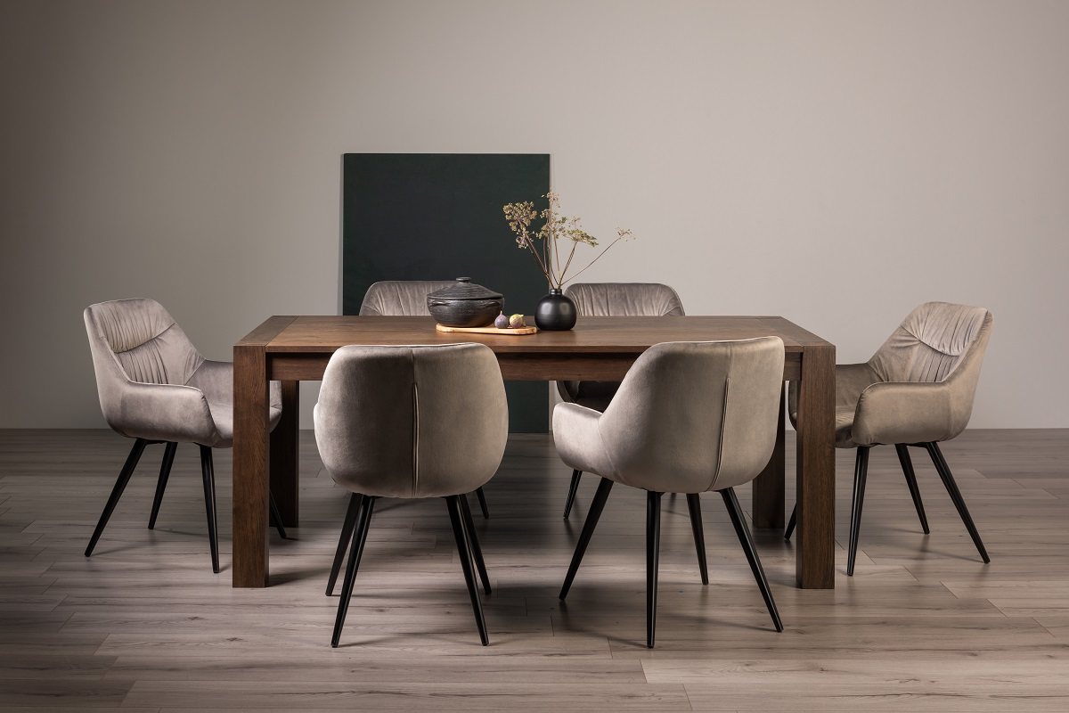 Blake Dark Oak Large 6-8 Dining Table & 6 Dali Grey Velvet Fabric Chairs