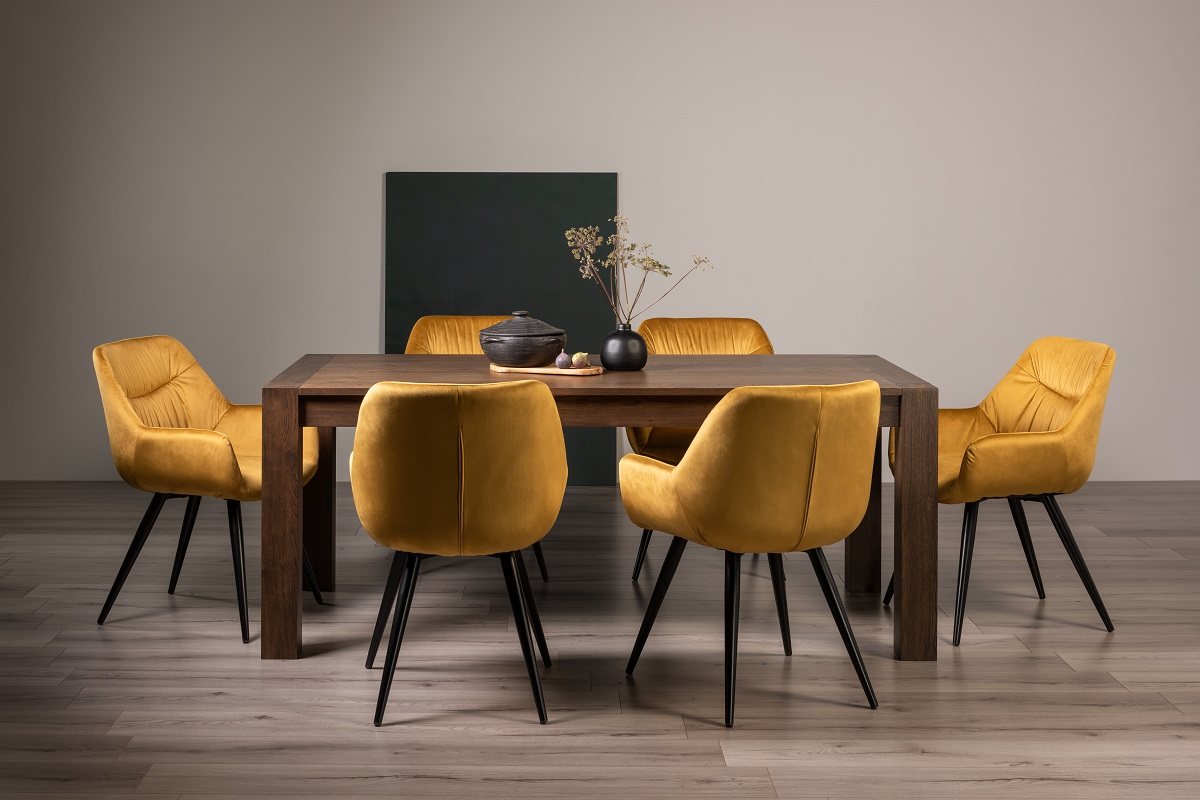 Blake Dark Oak Large 6-8 Dining Table & 6 Dali Mustard Velvet Fabric Chairs