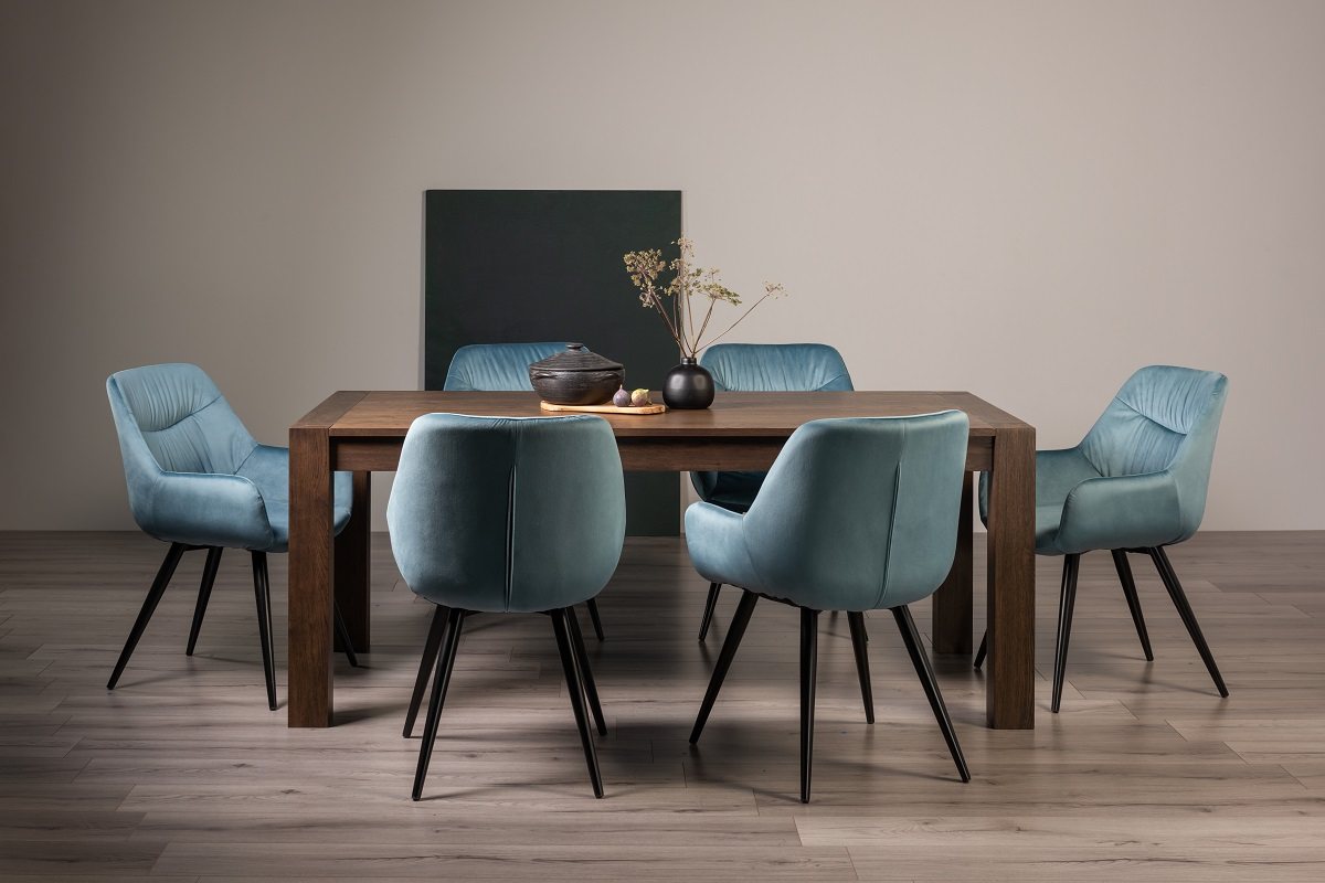 Blake Dark Oak Large 6-8 Dining Table & 6 Dali Petrol Blue Velvet Fabric Chairs