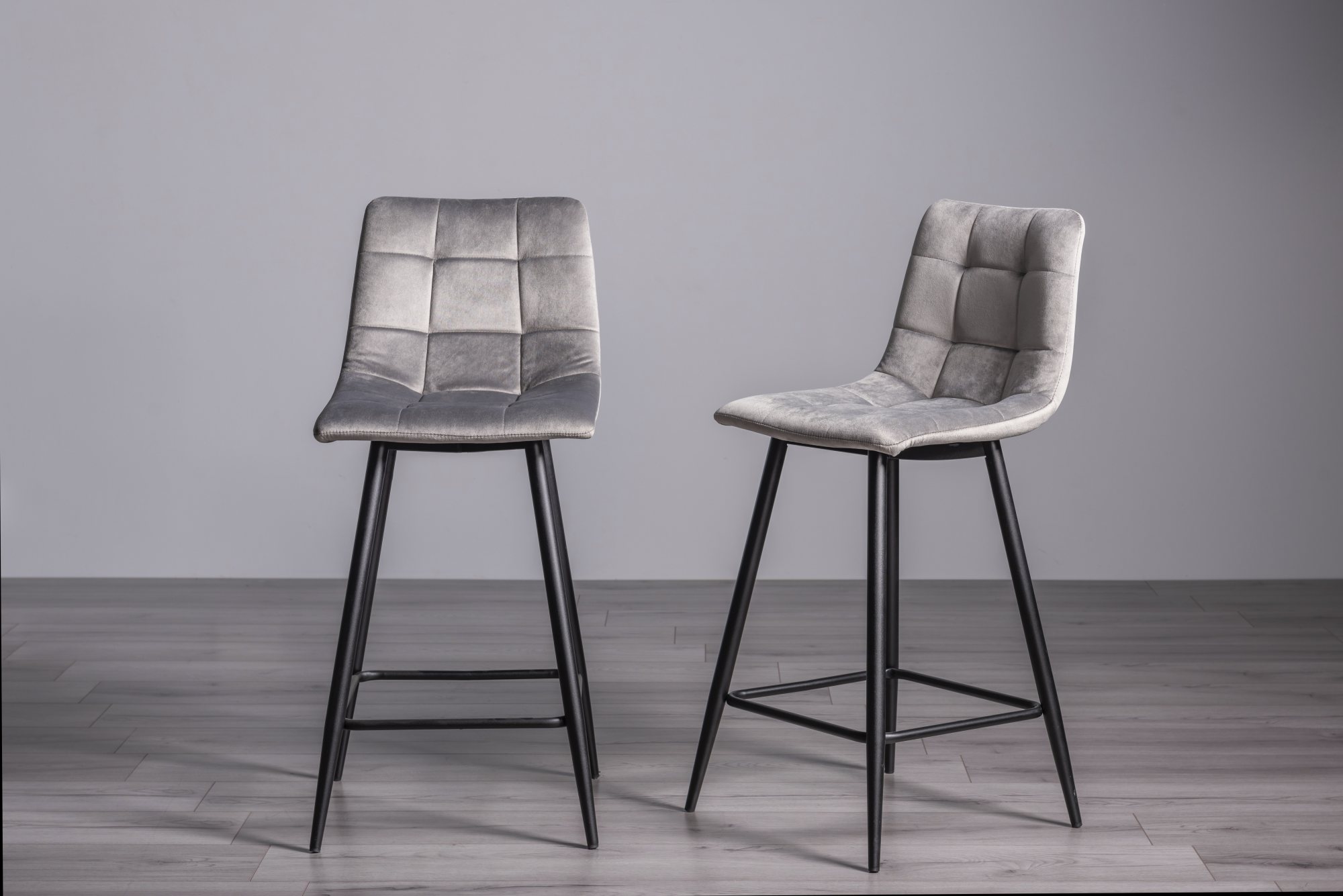 Mondrian Grey Velvet Fabric Bar Stools with Black Legs