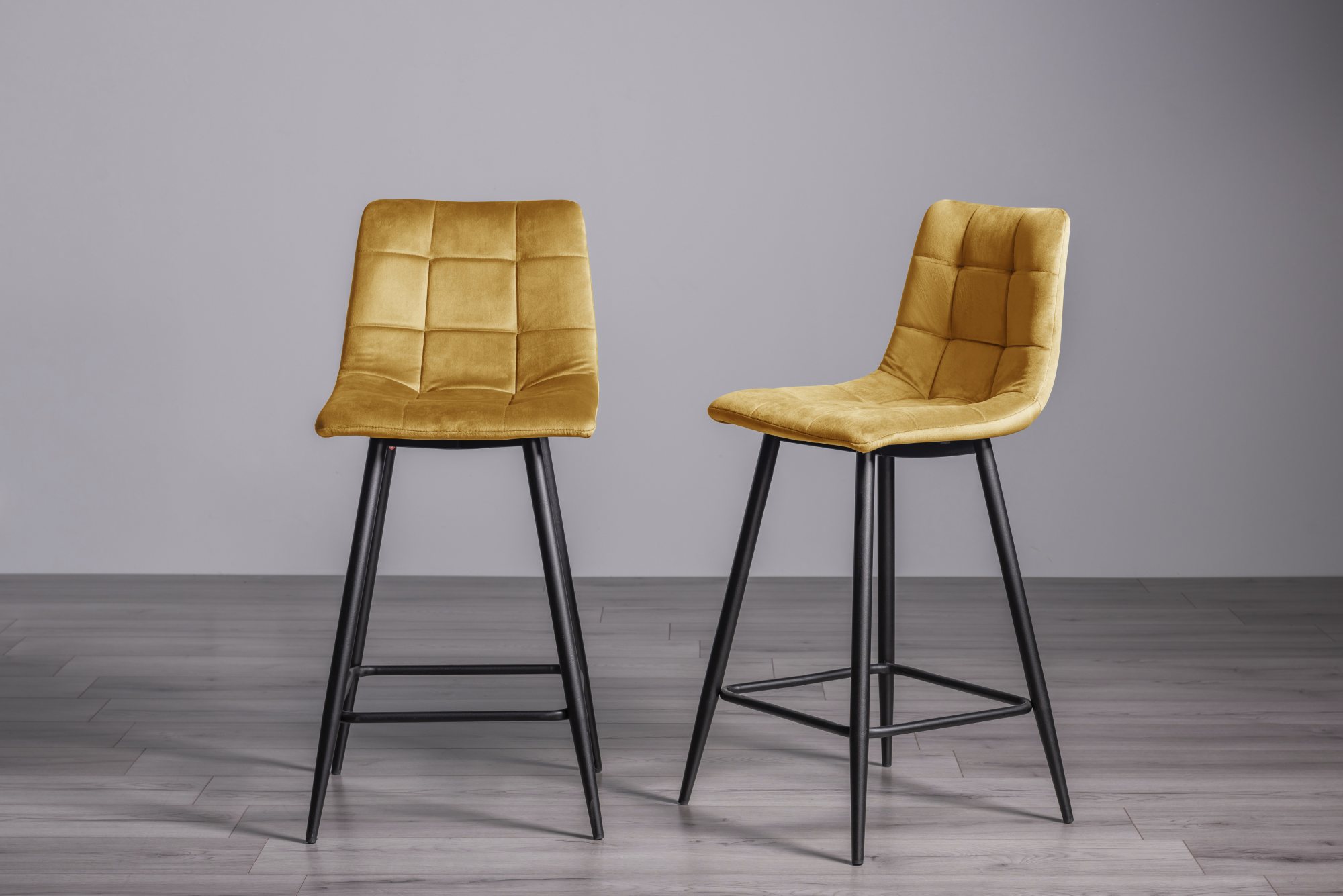 Mondrian Mustard Velvet Fabric Bar Stools with Black Legs