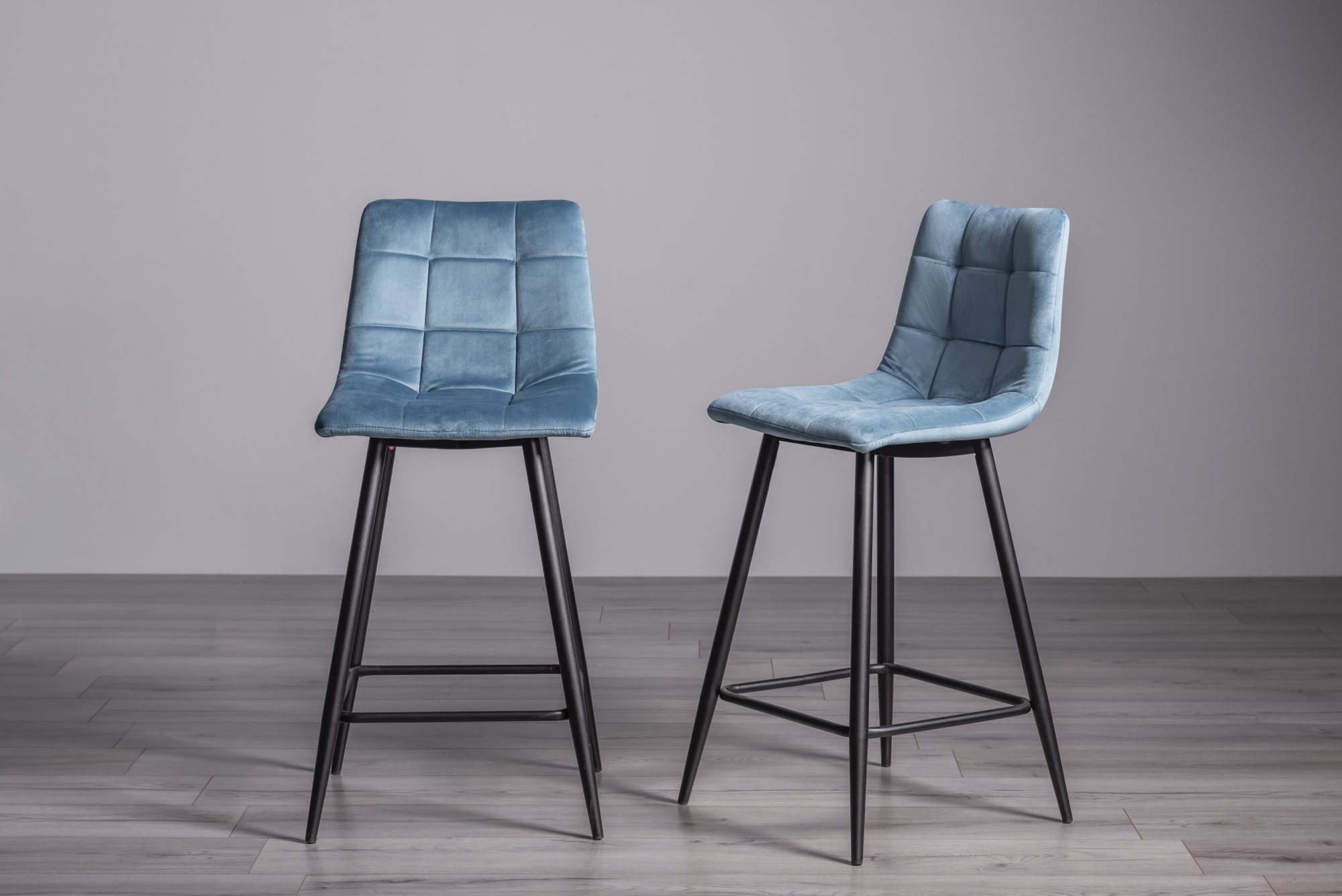 Mondrian Petrol Blue Velvet Fabric Bar Stools with Black Legs