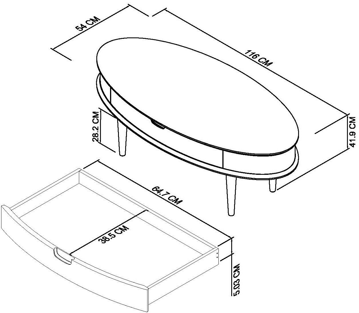 Home Origins Johansen Scandi Oak Coffee Table with Drawer- line drawing